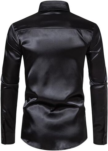 Men's Silk Satin Dress Shirts Long Sleeve Button Up Shirts Party Prom Wedding Shirt in Kuwait