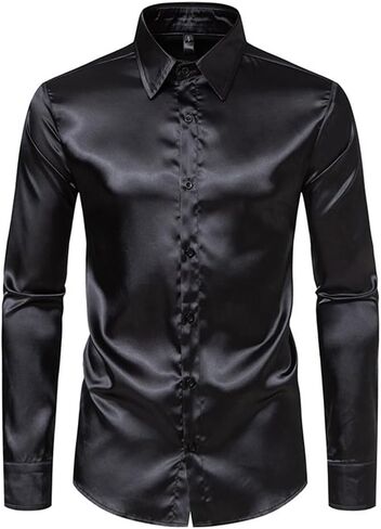 Men's Silk Satin Dress Shirts Long Sleeve Button Up Shirts Party Prom Wedding Shirt in Kuwait