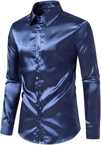 Men's Silk Satin Dress Shirts Long Sleeve Button Up Shirts Party Prom Wedding Shirt in Kuwait