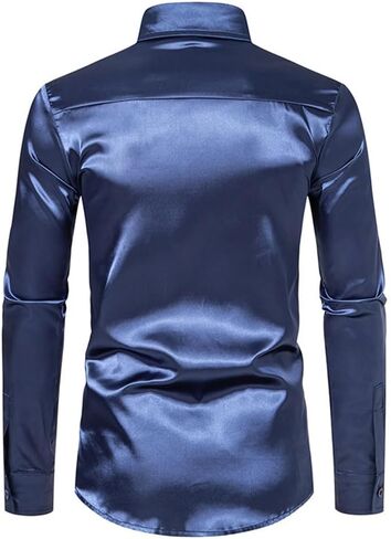 Men's Silk Satin Dress Shirts Long Sleeve Button Up Shirts Party Prom Wedding Shirt in Kuwait