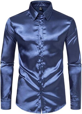 Men's Silk Satin Dress Shirts Long Sleeve Button Up Shirts Party Prom Wedding Shirt in Kuwait
