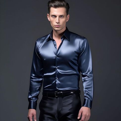 Men's Silk Satin Dress Shirts Long Sleeve Button Up Shirts Party Prom Wedding Shirt in Kuwait