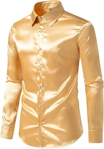 Men's Silk Satin Dress Shirts Long Sleeve Button Up Shirts Party Prom Wedding Shirt in Kuwait