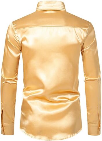 Men's Silk Satin Dress Shirts Long Sleeve Button Up Shirts Party Prom Wedding Shirt in Kuwait