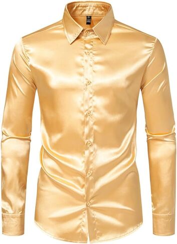 Men's Silk Satin Dress Shirts Long Sleeve Button Up Shirts Party Prom Wedding Shirt in Kuwait
