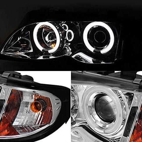 AKKON - For 02-05 BMW E46 3-Series 4 أبواب سيدان واجون كروم هالو الدائري LED المصابيح الأمامية لجهاز العرض مع مجموعة مصابيح الزاوية 2 قطعة in Saudi Arabia