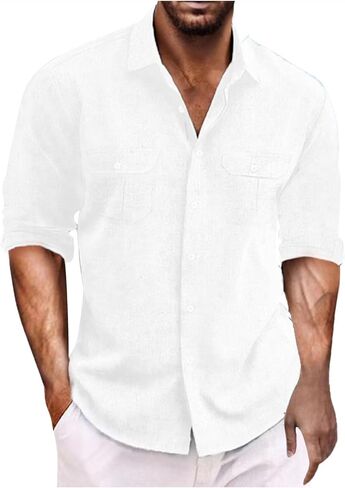Cotton Shirts for Men Long Sleeve Collared T-Shirt Button Down Work Shirt with Two Pockets Fall Outfits in Saudi Arabia