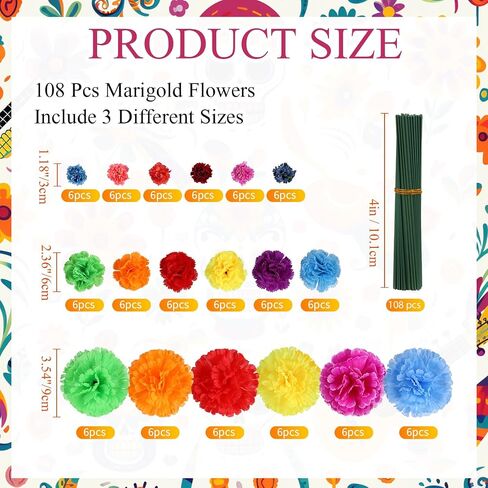 72 Pcs Marigold Flower Heads Bulk Day of The Dead Multicolor 1.2'' 2'' 3.5'' Silk Mexican Marigold Flowers with Stems DIY Garland Craft Supplies for Party Home Decor (Bright Color) in Saudi Arabia