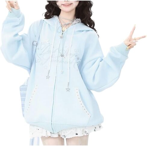 Kawaii Y2K Zip Up Hoodie Bows Women's Lace Trim Hooded Sweatshirt Oversized Cute Pullover with Bow & Lace Pockets in Saudi Arabia