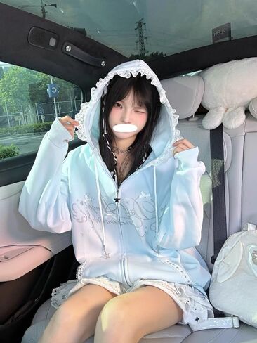 Kawaii Y2K Zip Up Hoodie Bows Women's Lace Trim Hooded Sweatshirt Oversized Cute Pullover with Bow & Lace Pockets in Saudi Arabia