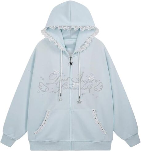 Kawaii Y2K Zip Up Hoodie Bows Women's Lace Trim Hooded Sweatshirt Oversized Cute Pullover with Bow & Lace Pockets in Saudi Arabia