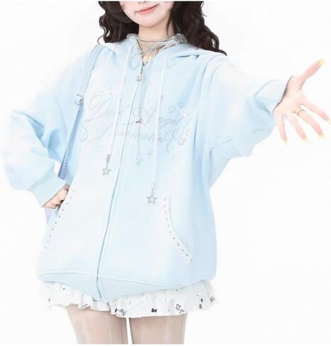 Kawaii Y2K Zip Up Hoodie Bows Women's Lace Trim Hooded Sweatshirt Oversized Cute Pullover with Bow & Lace Pockets in Saudi Arabia