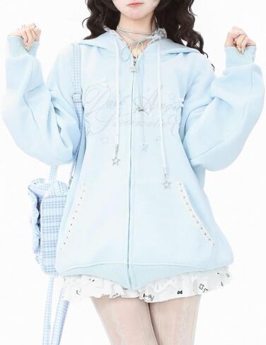 Kawaii Y2K Zip Up Hoodie Bows Women's Lace Trim Hooded Sweatshirt Oversized Cute Pullover with Bow & Lace Pockets in Saudi Arabia
