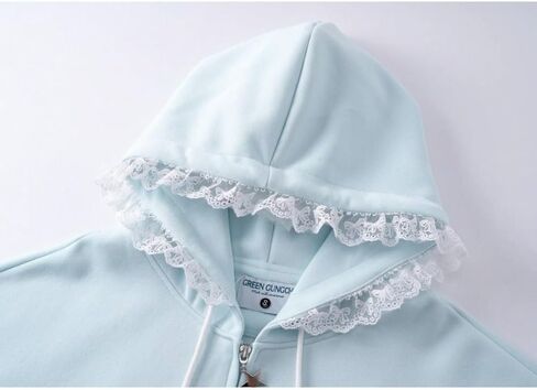 Kawaii Y2K Zip Up Hoodie Bows Women's Lace Trim Hooded Sweatshirt Oversized Cute Pullover with Bow & Lace Pockets in Saudi Arabia