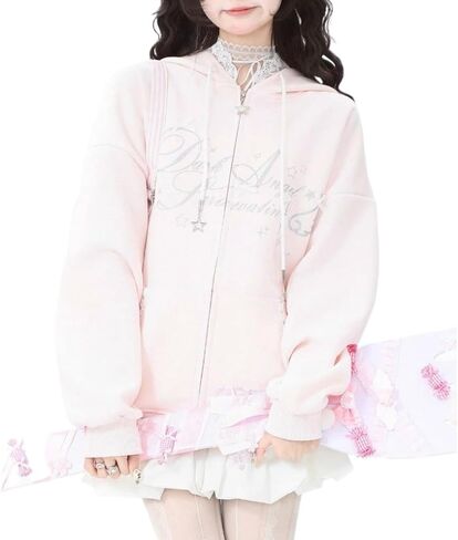 Kawaii Y2K Zip Up Hoodie Bows Women's Lace Trim Hooded Sweatshirt Oversized Cute Pullover with Bow & Lace Pockets in Saudi Arabia