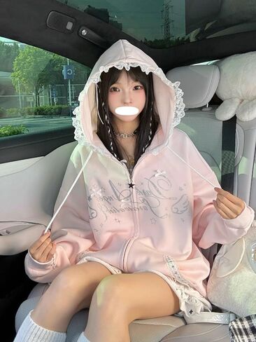 Kawaii Y2K Zip Up Hoodie Bows Women's Lace Trim Hooded Sweatshirt Oversized Cute Pullover with Bow & Lace Pockets in Saudi Arabia