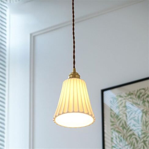 LNPTAL Vintage Pleated Pendant Light, 6.3'' White Ceramic Shade Chandelier, E26 Brass Lamp Holder Hanging Ceiling Fixture for Kitchen Island, Bedroom, Farmhouse, and Dining Room in Saudi Arabia