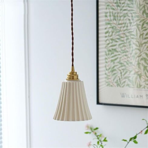 LNPTAL Vintage Pleated Pendant Light, 6.3'' White Ceramic Shade Chandelier, E26 Brass Lamp Holder Hanging Ceiling Fixture for Kitchen Island, Bedroom, Farmhouse, and Dining Room in Saudi Arabia