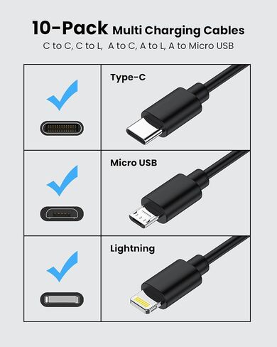 [10in, 10-Pack] Multi Short USB/C Cables Fast Charge & Sync to Type-C/Lightning/Micro USB Cords Bulk for Charging Stations Compatible with iPhone16&15, iPhone5-14, iPads, iPods, Mobiles, Tablets,White in Kuwait