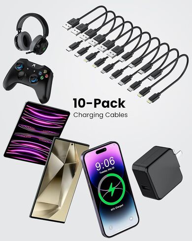 [10in, 10-Pack] Multi Short USB/C Cables Fast Charge & Sync to Type-C/Lightning/Micro USB Cords Bulk for Charging Stations Compatible with iPhone16&15, iPhone5-14, iPads, iPods, Mobiles, Tablets,White in Kuwait