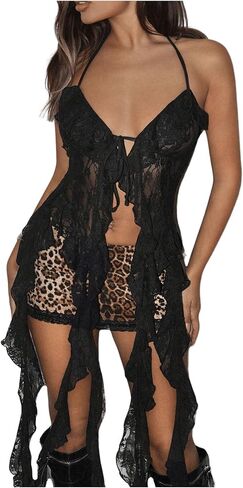 OYOANGLE Women's Lace Sheer Crop Halter Tops Ruffle Asymmetrical Hem Backless Y2k Cami Tops in Saudi Arabia