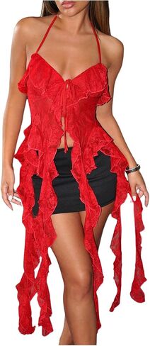 OYOANGLE Women's Lace Sheer Crop Halter Tops Ruffle Asymmetrical Hem Backless Y2k Cami Tops in Kuwait
