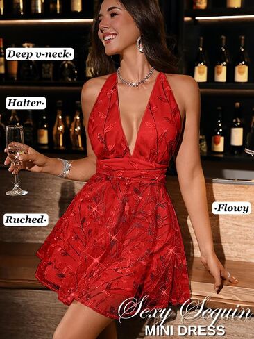 Floral Sequin Dress,Deep V Backless Sexy Mini Dresses for Women,Sparkly Outfits Homecoming Party in Saudi Arabia