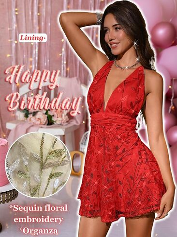 Floral Sequin Dress,Deep V Backless Sexy Mini Dresses for Women,Sparkly Outfits Homecoming Party in Saudi Arabia