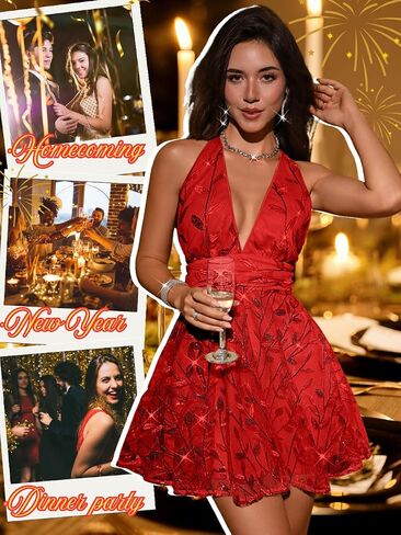 Floral Sequin Dress,Deep V Backless Sexy Mini Dresses for Women,Sparkly Outfits Homecoming Party in Saudi Arabia