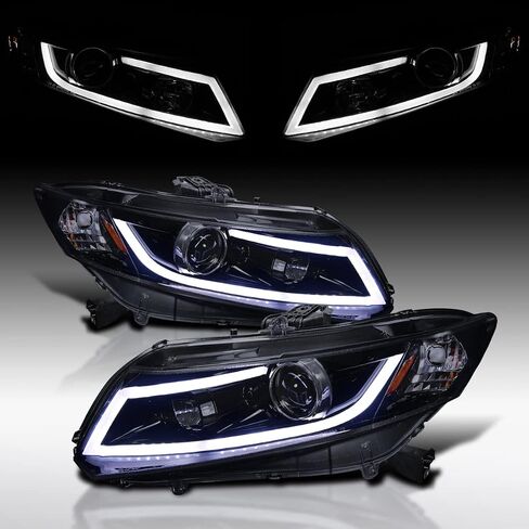 Autozensation متوافق مع 2012-2013 Honda Civic Coupe، 2012-2015 Honda Civic Sedan، مجموعة المصابيح الأمامية اليسرى + اليمنى، مصابيح أمامية لجهاز عرض الدخان الأسود اللامع مع شريط إضاءة LED in Kuwait