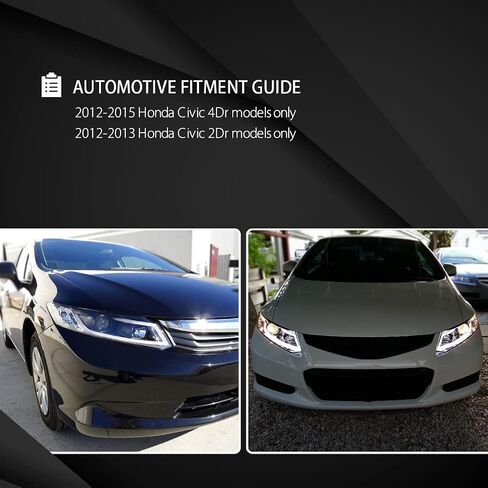 Autozensation متوافق مع 2012-2013 Honda Civic Coupe، 2012-2015 Honda Civic Sedan، مجموعة المصابيح الأمامية اليسرى + اليمنى، مصابيح أمامية لجهاز عرض الدخان الأسود اللامع مع شريط إضاءة LED in Kuwait