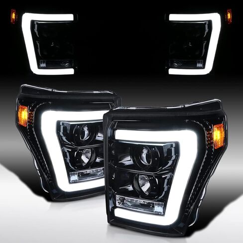 Autozensation Compatible with 2011-2016 Ford F250 F350 F450 F550 Super Duty, Left + Right Pair Headlamps Assembly, Glossy Black LED Bar Projector Headlights in Kuwait