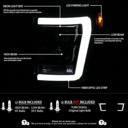 Autozensation Compatible with 2011-2016 Ford F250 F350 F450 F550 Super Duty, Left + Right Pair Headlamps Assembly, Glossy Black LED Bar Projector Headlights in Kuwait