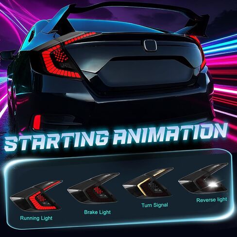 Sequential LED Tail Lights Compatible with Honda Civic 10th Gen Sedan 2016-2021, Not for Hatchbacks, Starting Animated Tail Light Assembly, Parking Light, Brake Turn Signal Lights, Reverse Lights, 1A in Kuwait