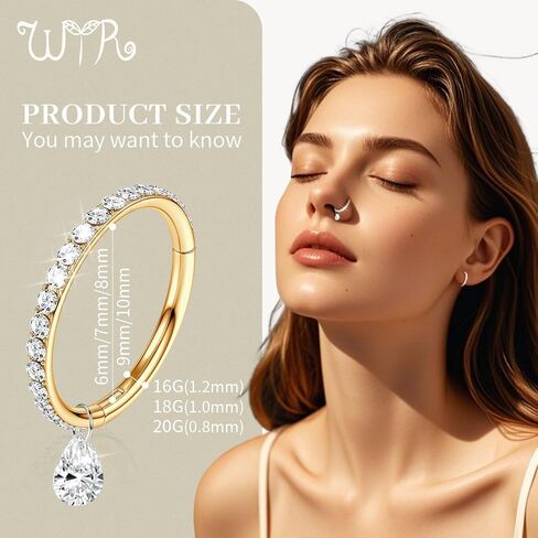 WYR G23 حلقات الأنف المتدلية من التيتانيوم الأطواق: تشيكوسلوفاكيا الماس الغضروف القرط هوب حلقات الحاجز هيبوالرجينيك محارة ثقب المجوهرات الفضة الذهب الأسود 6mm-10mm in Kuwait