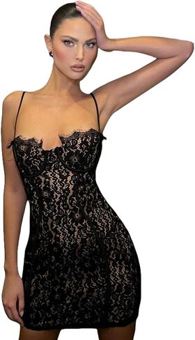 AIBEARTY Women's Floral Lace Spaghetti Strap Mini Dress Sexy Push Up Sheer Cami Bodycon Party Club Cocktail Dresses in Saudi Arabia
