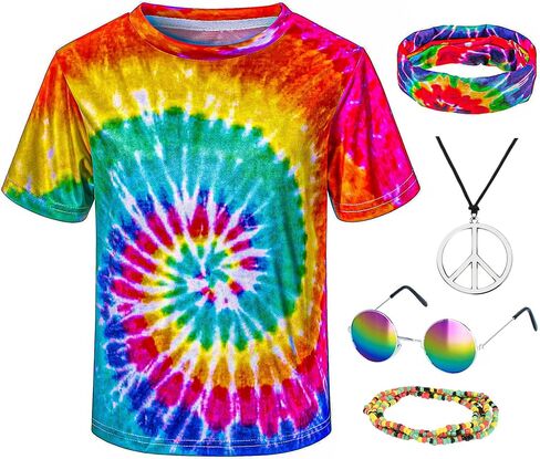 Kids Hippie Costume for Boys Girls 60s 70s T-Shirt 5Pcs Set for Halloween Party 3-12 Years in Kuwait