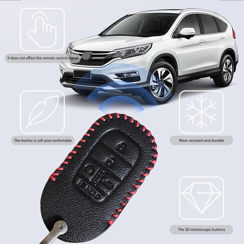 غطاء حماية لمفتاح السيارة مناسب لسيارة Honda 2022-2025 مع مفتاح التحكم عن بعد الذكي Accord Civic HR-V CR-V Pilot (خط أحمر من الجلد الأسود قطعتان) in Kuwait