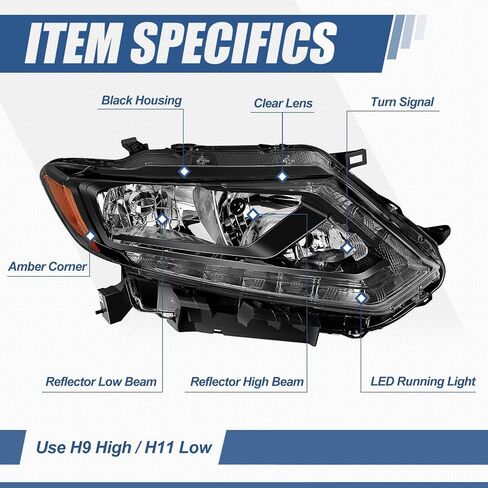 Auto Dynasty Headlight Assembly Compatible with 2014 2015 2016 Nissan Rogue, Passenger Right Side Halogen Headlamp Replacement, NI2503226, Black Housing Amber Corner in Saudi Arabia