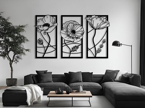 Vailla النباتية جدار الفن 3pcs غرفة المعيشة جدار ديكور شنقا النحت ديكور المنزل الحديث 3D منحوتات كبيرة محكم للمطبخ غرفة نوم مكتب غرفة الطعام 3 لوحات الأزهار السوداء in Saudi Arabia
