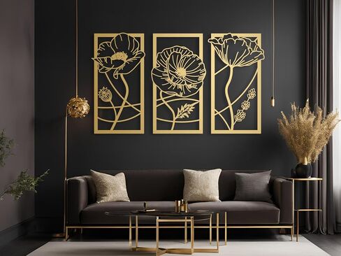 Vailla النباتية جدار الفن 3pcs غرفة المعيشة جدار ديكور شنقا النحت ديكور المنزل الحديث 3D منحوتات كبيرة محكم للمطبخ غرفة نوم مكتب غرفة الطعام 3 لوحات الأزهار السوداء in Saudi Arabia