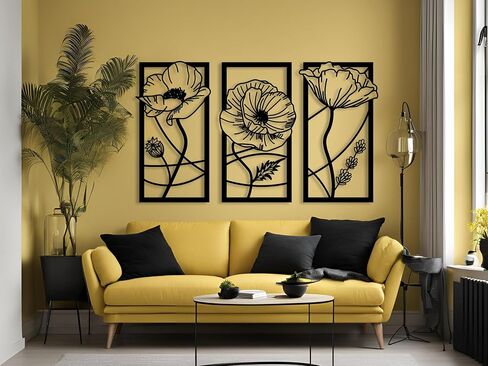 Vailla النباتية جدار الفن 3pcs غرفة المعيشة جدار ديكور شنقا النحت ديكور المنزل الحديث 3D منحوتات كبيرة محكم للمطبخ غرفة نوم مكتب غرفة الطعام 3 لوحات الأزهار السوداء in Saudi Arabia