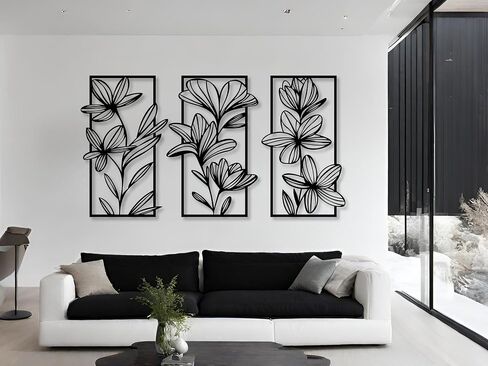Vailla النباتية جدار الفن 3pcs غرفة المعيشة جدار ديكور شنقا النحت ديكور المنزل الحديث 3D منحوتات كبيرة محكم للمطبخ غرفة نوم مكتب غرفة الطعام 3 لوحات الأزهار السوداء in Kuwait