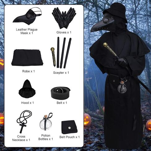 مجموعة زي طبيب الطاعون 8 في 1 من YoleShy، عباءة مخيفة لأزياء الهالوين، دعائم حفلات راهب العصور الوسطى، كاهن عصر النهضة (XL)، مقاس X-Large، أسود in Kuwait