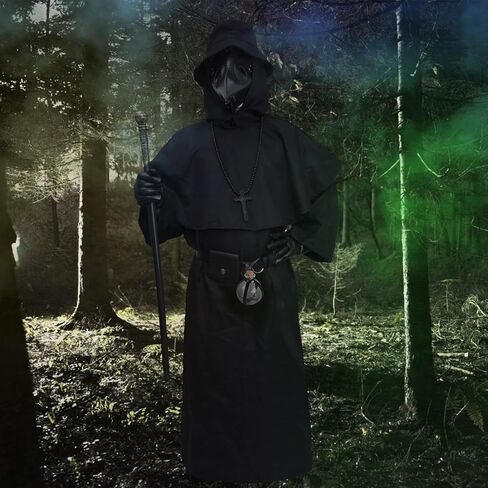 مجموعة زي طبيب الطاعون 8 في 1 من YoleShy، عباءة مخيفة لأزياء الهالوين، دعائم حفلات راهب العصور الوسطى، كاهن عصر النهضة (XL)، مقاس X-Large، أسود in Kuwait