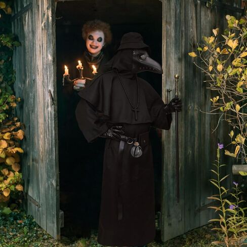 مجموعة زي طبيب الطاعون 8 في 1 من YoleShy، عباءة مخيفة لأزياء الهالوين، دعائم حفلات راهب العصور الوسطى، كاهن عصر النهضة (XL)، مقاس X-Large، أسود in Kuwait