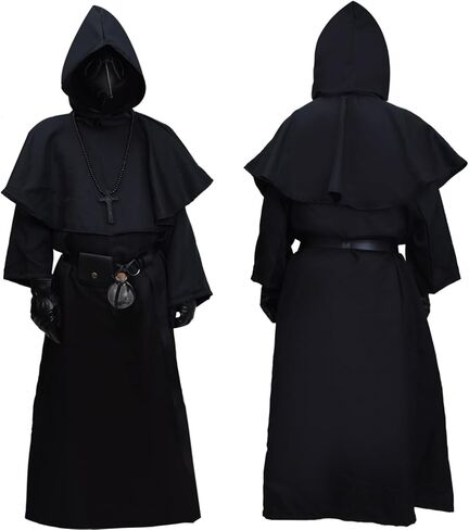 مجموعة زي طبيب الطاعون 8 في 1 من YoleShy، عباءة مخيفة لأزياء الهالوين، دعائم حفلات راهب العصور الوسطى، كاهن عصر النهضة (XL)، مقاس X-Large، أسود in Kuwait