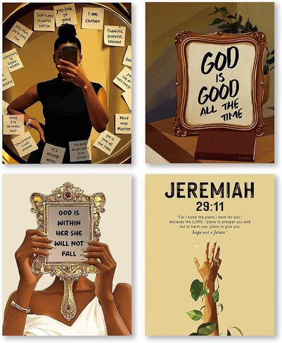 Pleonox Pink Christian Black Women Wall Art Prints 8x10 Inch Set of 4, Trendy Preppy African American Woman Bible Verse Pictures Wall Decor for Black Girl Room Bedroom Home Living Room, Unframed in Saudi Arabia