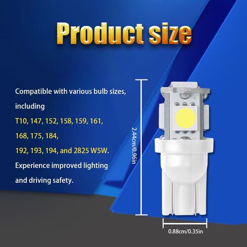 قطعتان من لمبة LED 194، مصابيح إضاءة لوحة الترخيص، 168 2825 W5W T10 لمبات LED بديلة، 12 فولت 5SMD 5050 مصابيح LED ساطعة للسيارة الداخلية على شكل قبة وخريطة الباب وأضواء مجاملة (أبيض) in Kuwait