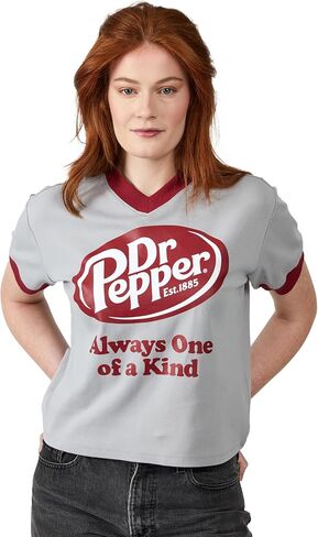 سترة نسائية قصيرة الأكمام من Dr Pepper Always One of A Kind بياقة على شكل حرف V وأكمام قصيرة باللون الرمادي المنقط in Saudi Arabia